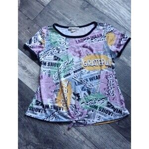 Urban Freedom Girls 14/16 Multi-Color Newspaper Print With Black Trin Top, Vtg